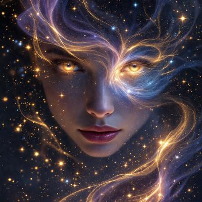 The primary subject of the image is a woman with a unique and striking appearance. She has a glowing face, with her eyes appearing to be on fire, and her lips are painted red. The setting is a night sky, with a backdrop of stars and a purple hue. The visual style is a combination of digital art and illustration, creating a surreal and captivating scene. The colors and mood of the image are vibrant and dramatic, with the woman's glowing face and the